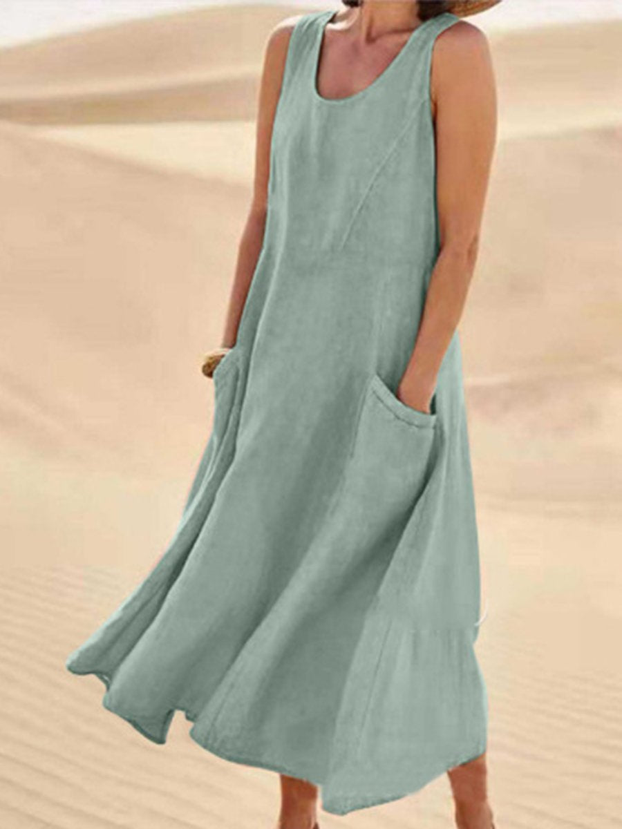 Women Sleeveless Sundress Elegant Round Neck Cotton Linen-like Solid Long Tank Casual Summer Dress