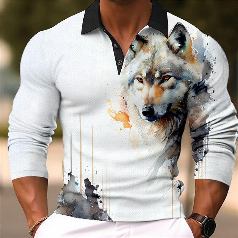 Men's Fashion Wolf 3d Printed Long Sleeve Polo Shirt 58496453YY