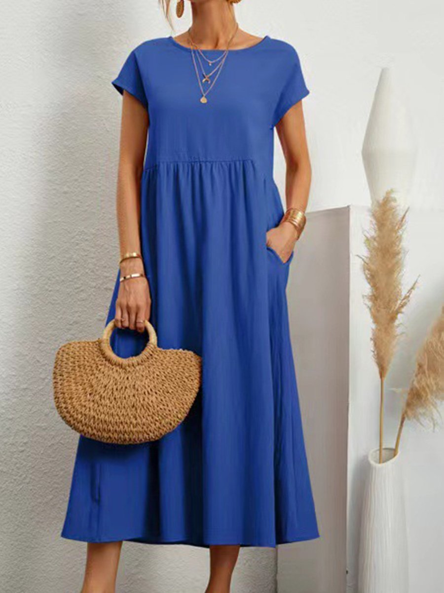 Women's Solid Color Cotton Linen Round Neck A-Line Dress