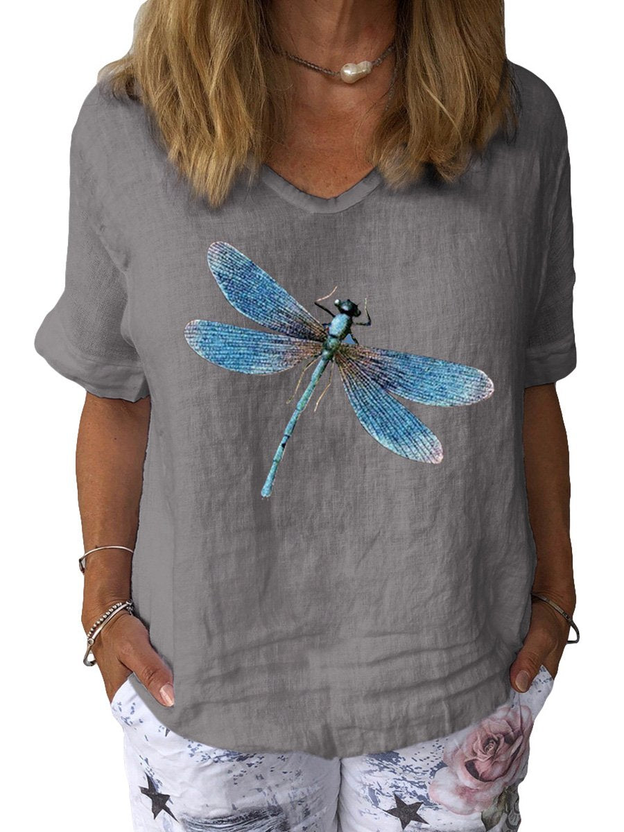 Women's Dragonfly Art Print Cotton & Linen  Casual Top