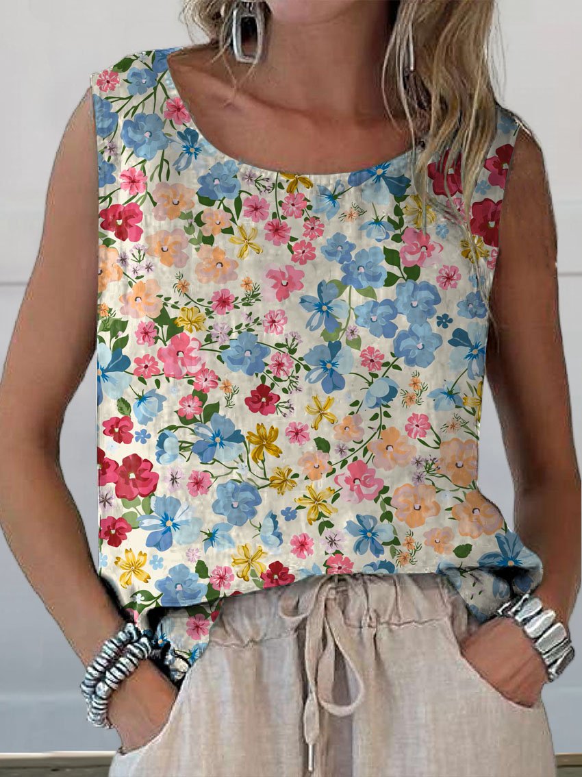 Women's Vintage Elegant Floral Art Print Casual  Cotton And Linen Tank Top