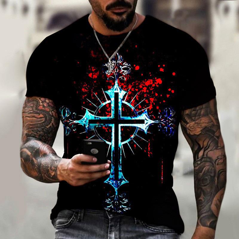 Men's Printed Colorful Cross Pattern Short Sleeve T-Shirt 37760581YM