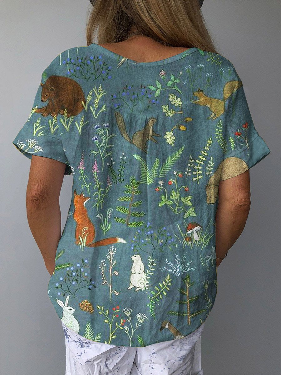 Women's Lovely Floral Animals Art Print Casual Cotton And Linen Shirt