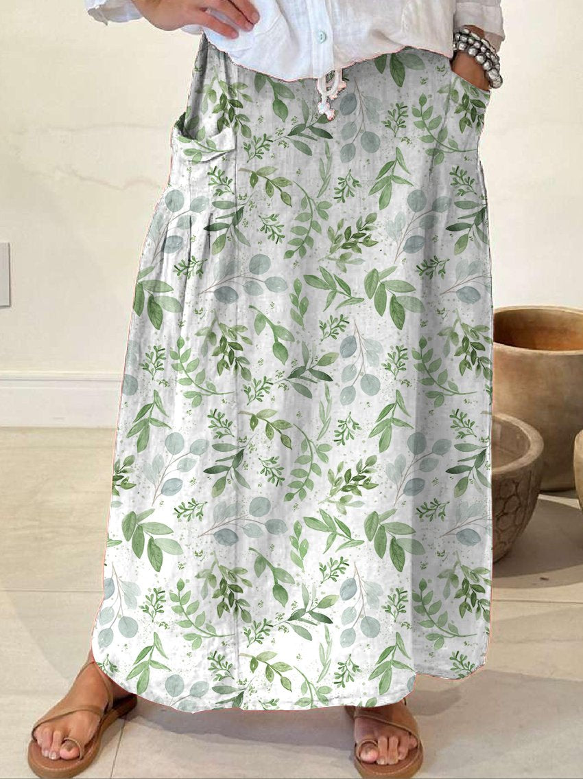 Women's Greens Fern Eucalyptus Greenery Leaf Linen Pocket Skirt