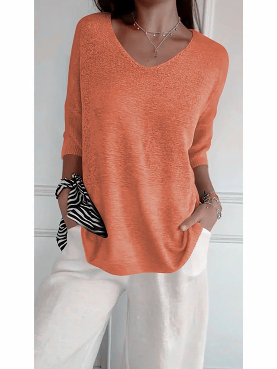 Women's Solid Color Knitted 3/4 Sleeve V-neck Top