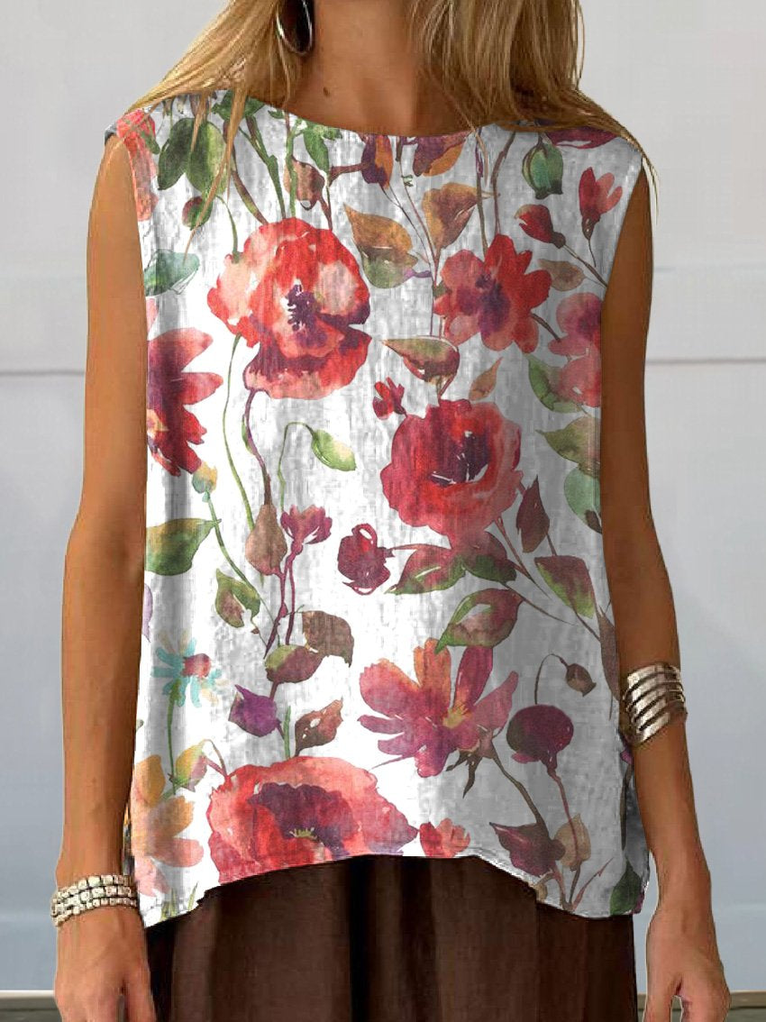 Watercolor Poppy Floral Art Printed Women's Casual  Cotton And Linen Tank Top