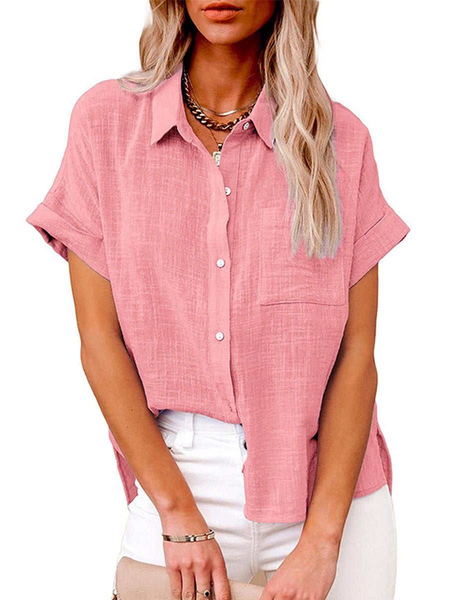 Women's Solid Color Button Down Short Sleeve Shirt