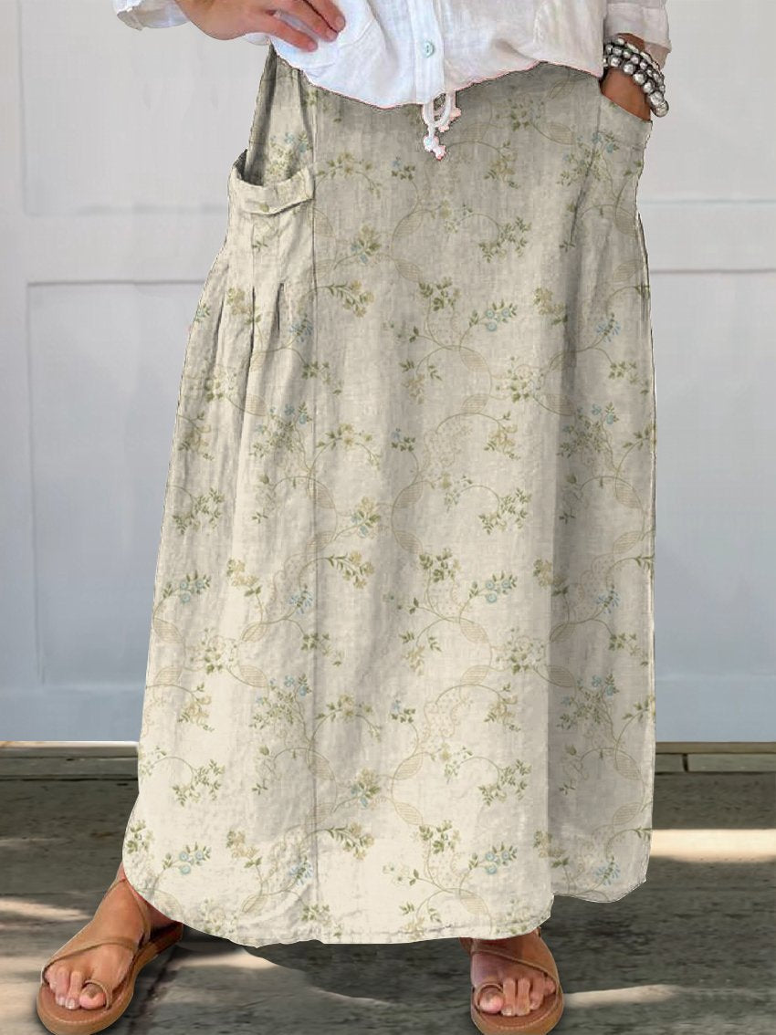 Women's Vintage Floral Art Print Linen Pocket Skirt