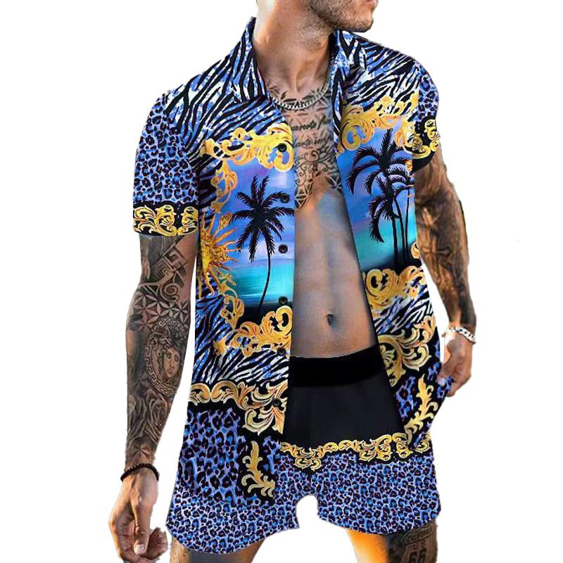 Men's Beach Loose Short Sleeve Shirt Casual Shorts Set 09514696YM