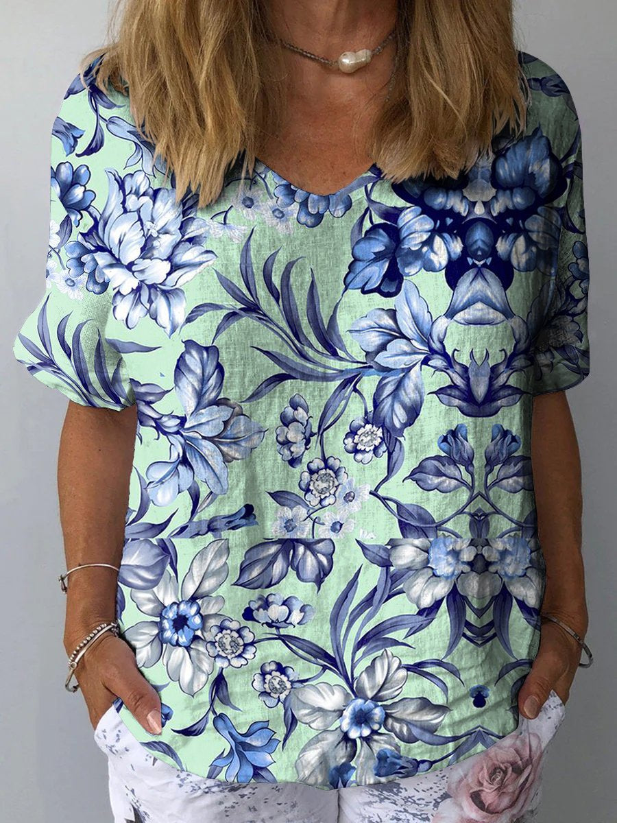 Women's Blue Flower Green Background Print Casual Cotton And Linen Shirt