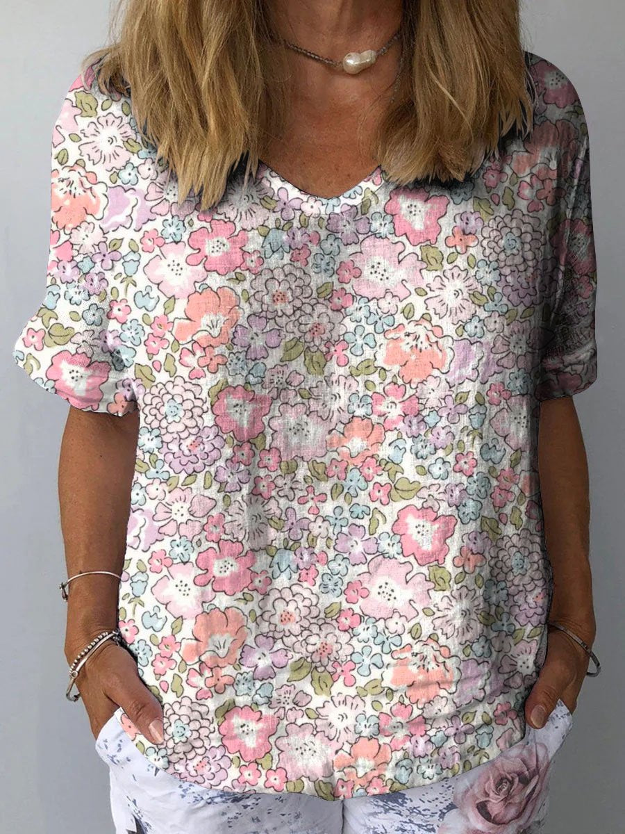 Women's Lovely Cute Floral Art Print Casual Cotton And Linen Shirt