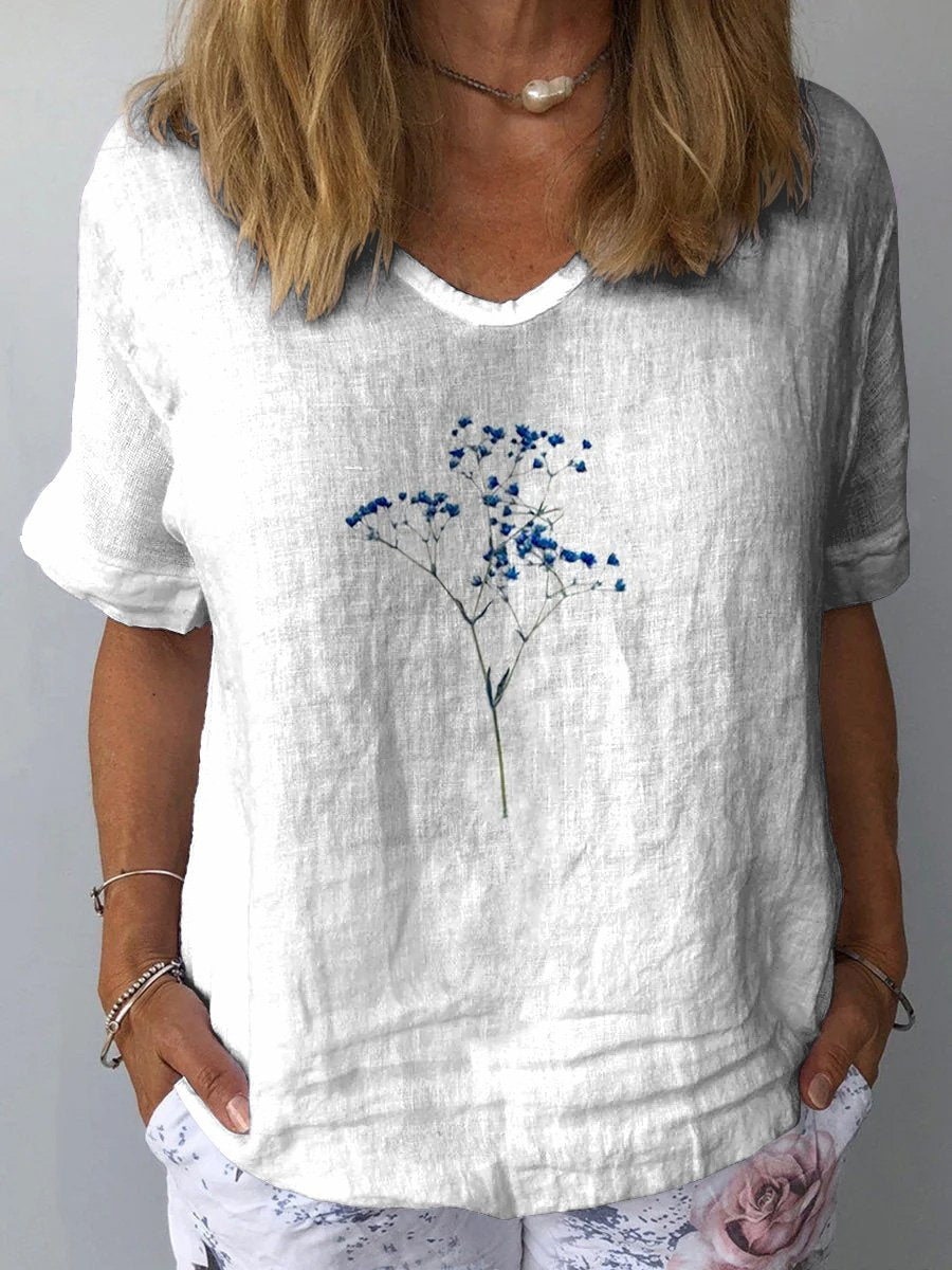 Simple Style Blue Gypsophila Floral Printed Women's Casual Cotton And Linen Shirt