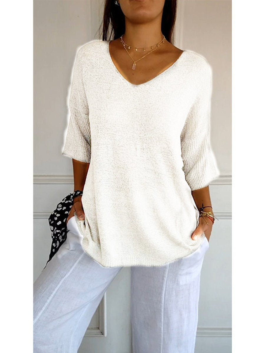 Women's Solid Color Knitted 3/4 Sleeve V-neck Top