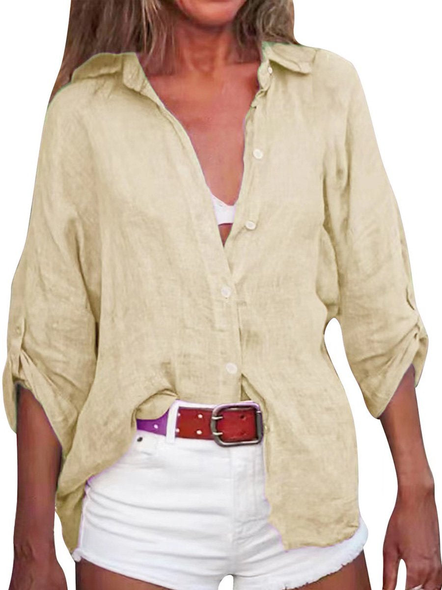 Women's Solid Color Cotton And Linen Loose Fit Shirt