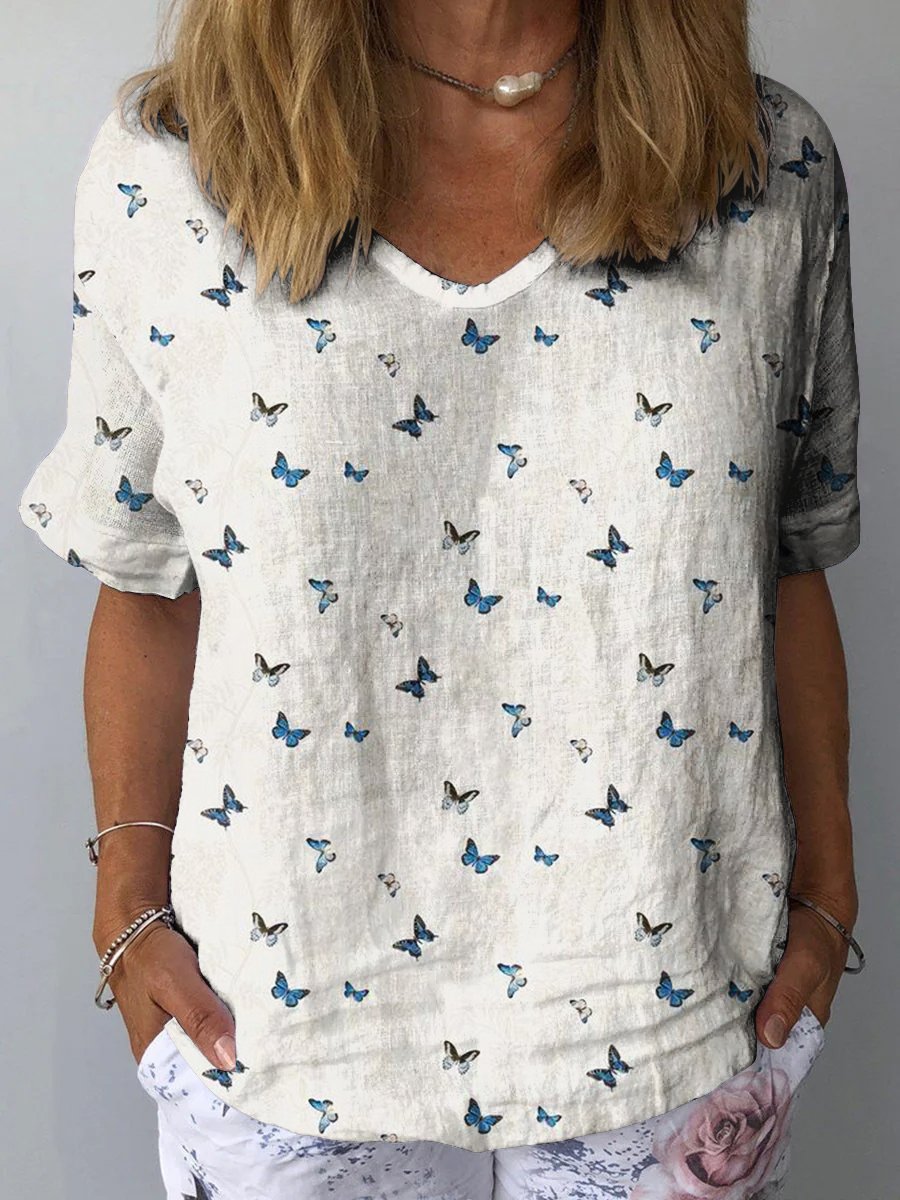 Vintage Butterfly Print Women's Print Casual Cotton And Linen Shirt