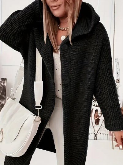 Women's Knitted Coat - Button Front - Wide Collar - Warm Textured Fabric - Relaxed Fit