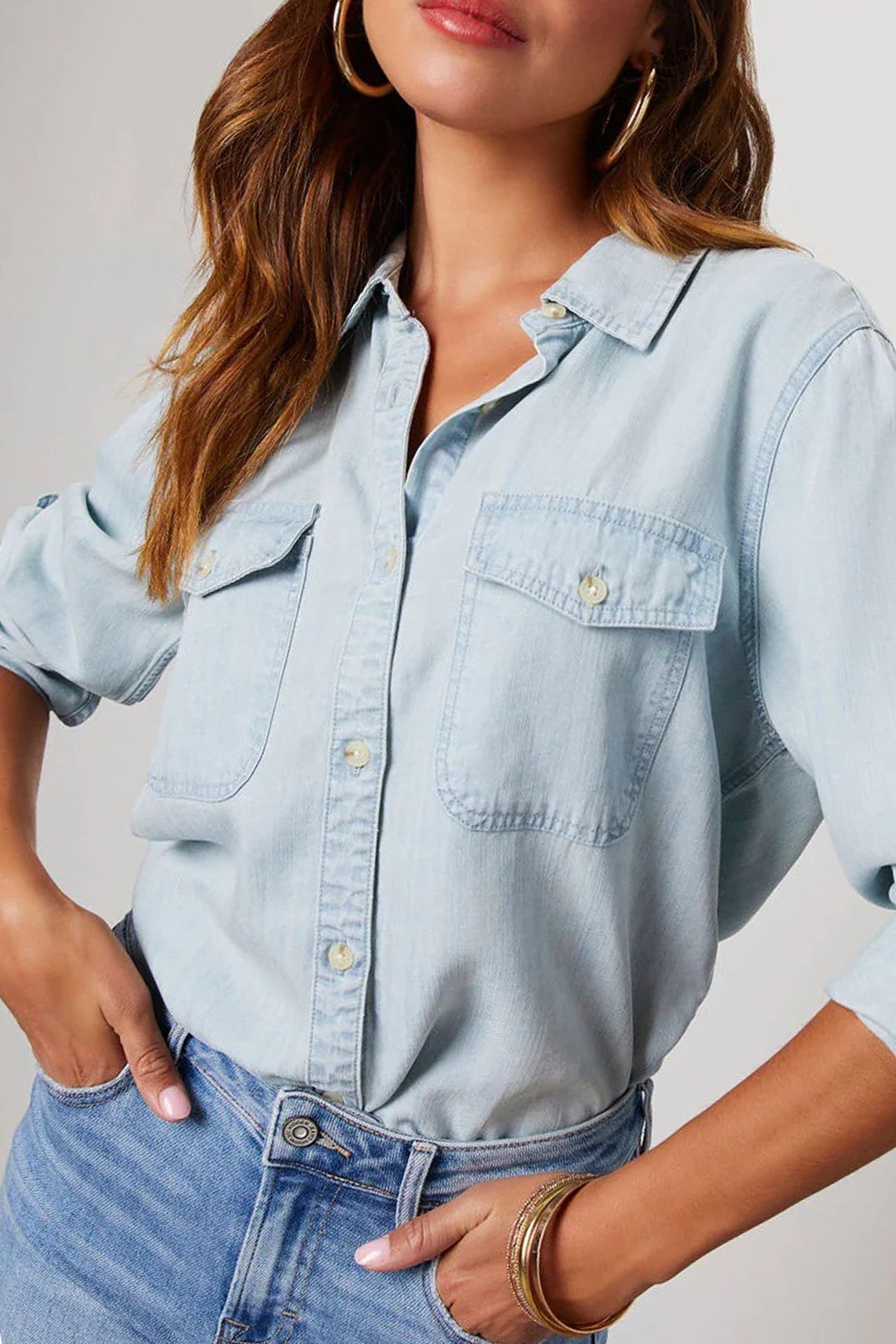 Women's Denim Button-Up Blouse - Long Sleeve - Relaxed Fit - Chest Pockets