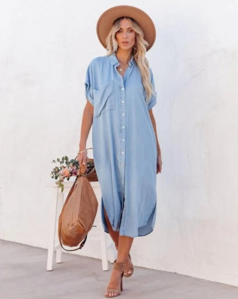 Short-sleeved denim shirt dress