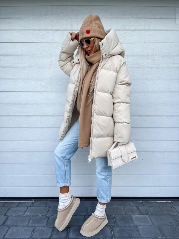 Women's Puffer Coat - Quilted Longline - Hooded High Collar - Warm Insulated