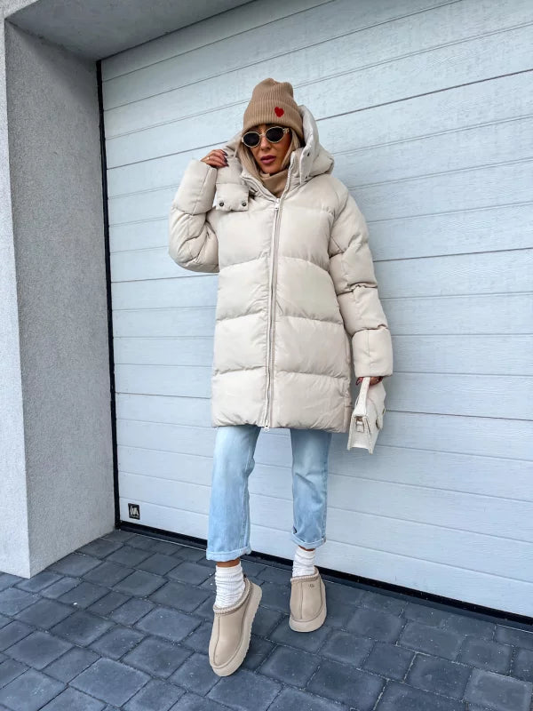 Women's Puffer Coat - Quilted Longline - Hooded High Collar - Warm Insulated
