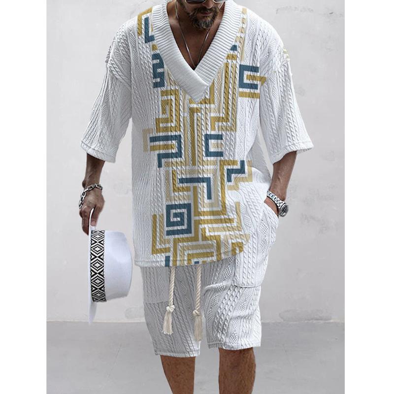 Men's Printed Short Sleeve Shorts Textured Set 64352132L