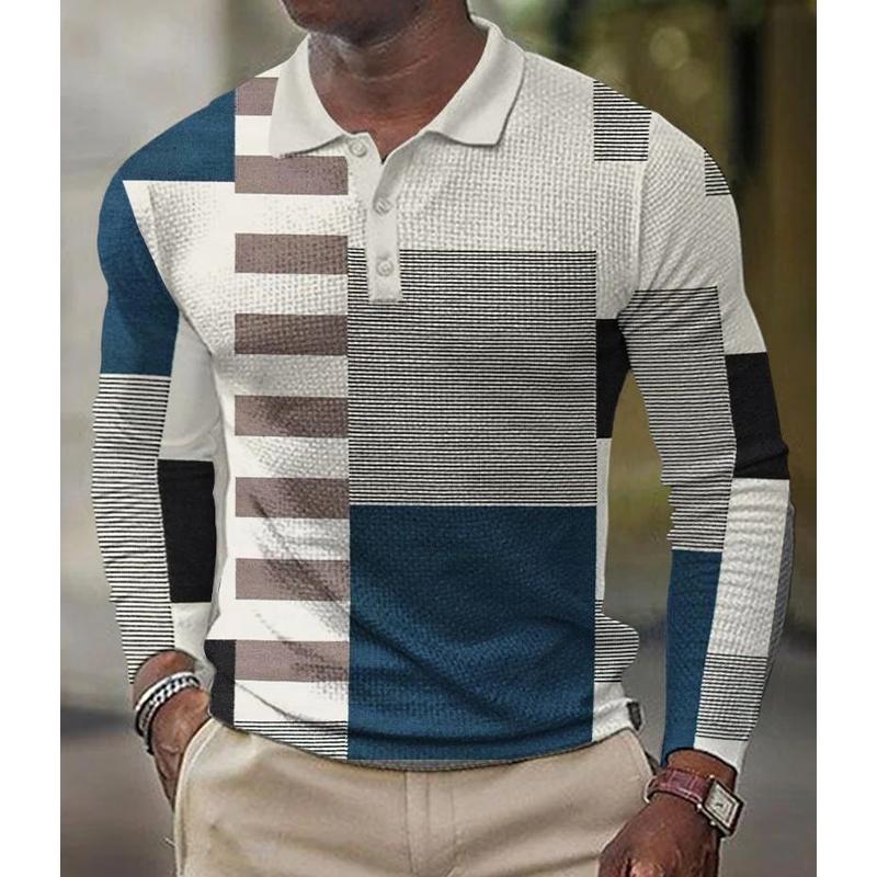 Men's Printed Lapel Button-Down Polo Long Sleeve T-Shirt 08078270L