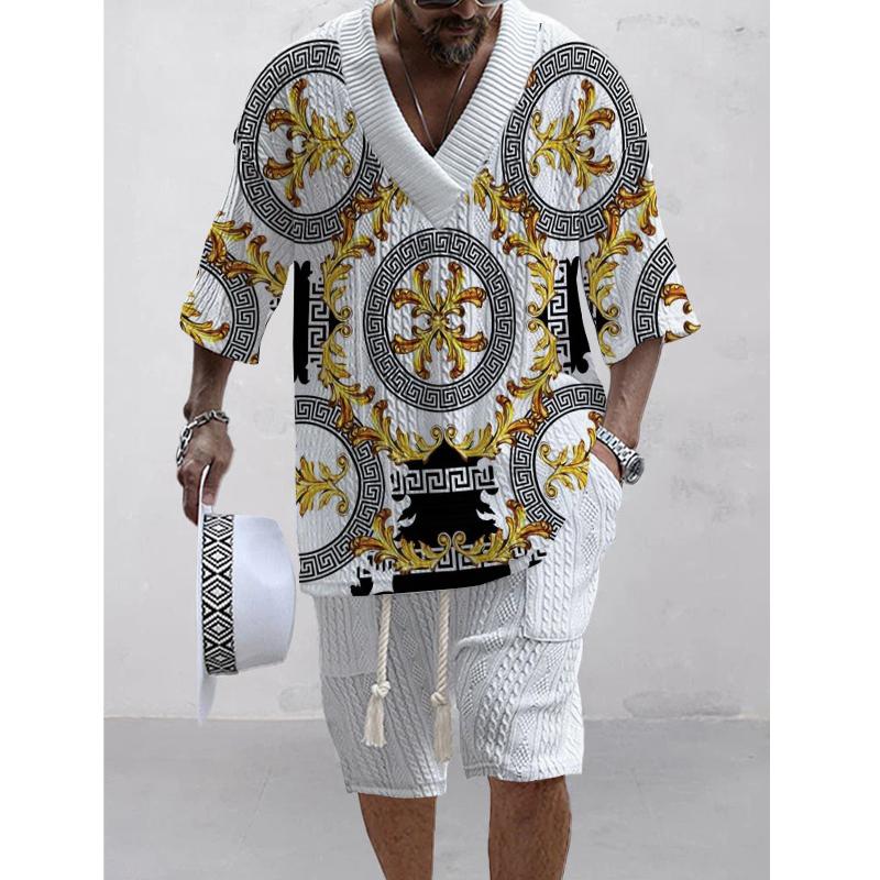 Men's Printed Short Sleeve Shorts Textured Set 58475622L