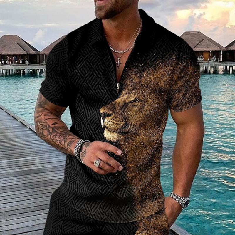 Men's Lion Printed Short Sleeve Polo Shirt 16145939L