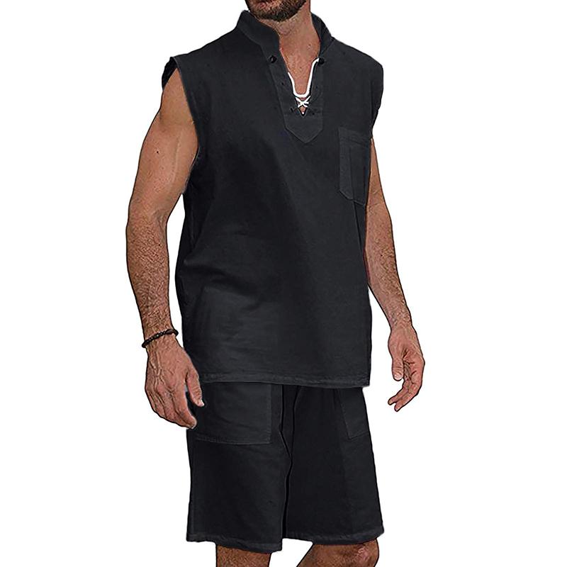 Men's Drawstring Collar Sleeveless Linen Shirt Shorts Set 29053799Z