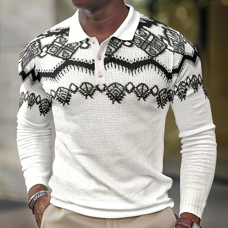 Men's Printed Lapel Button-down Polo Long Sleeve T-shirt 35818892L