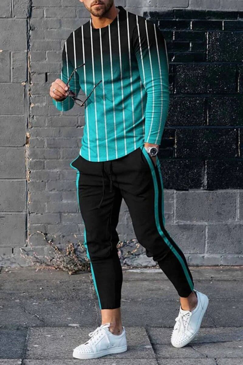Men's Color-Block Print Long-Sleeved Polo Shirt Set 83812635L