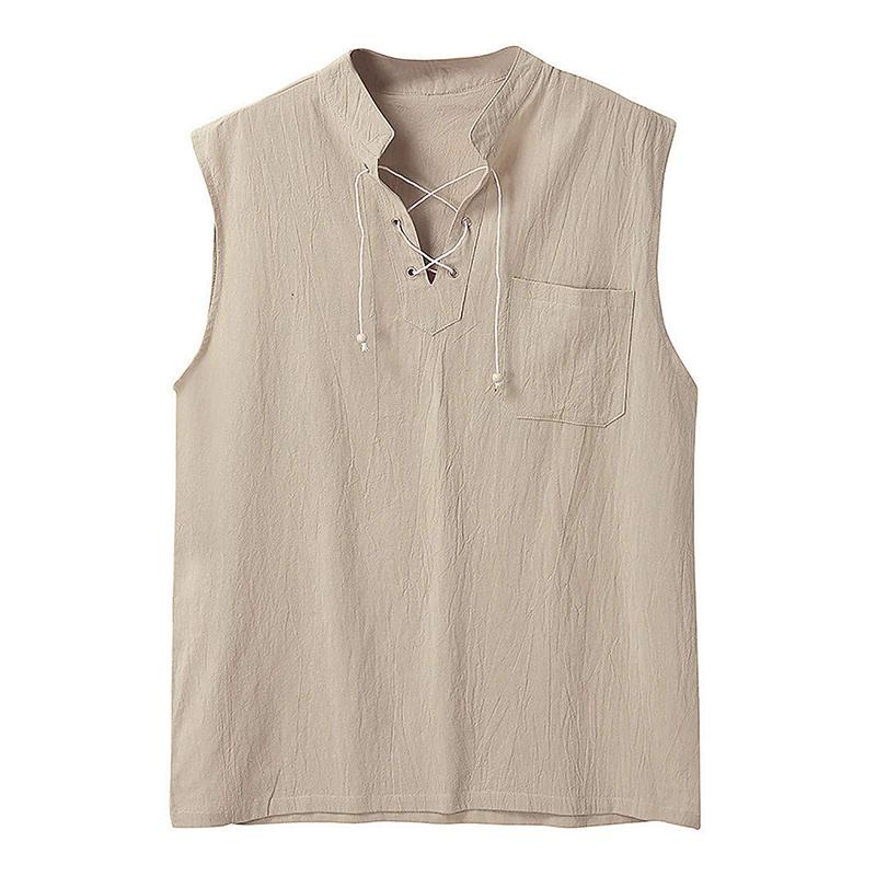 Men's Drawstring Collar Sleeveless Linen Shirt Shorts Set 29053799Z