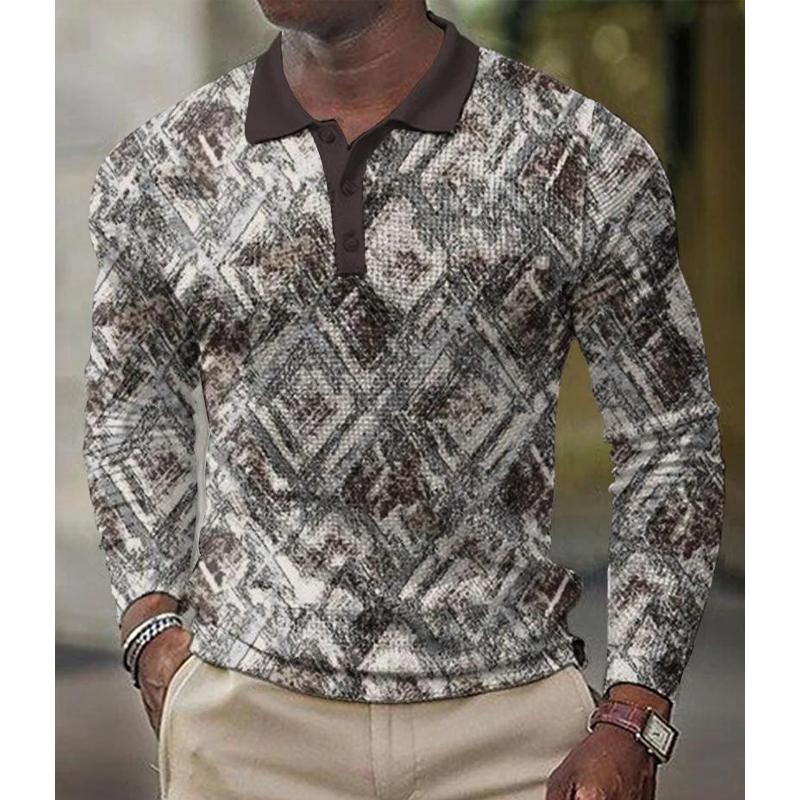 Men's Printed Lapel Button-Down Polo Long Sleeve T-Shirt 08078270L