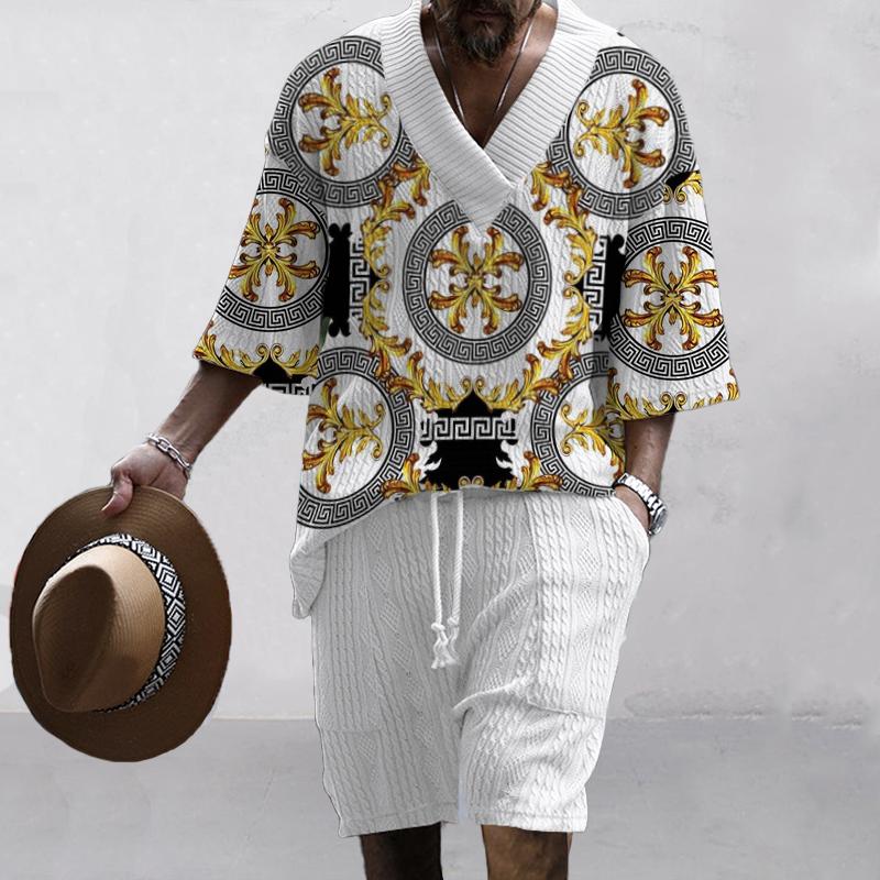 Men's Printed Short Sleeve Shorts Textured Set 58475622L