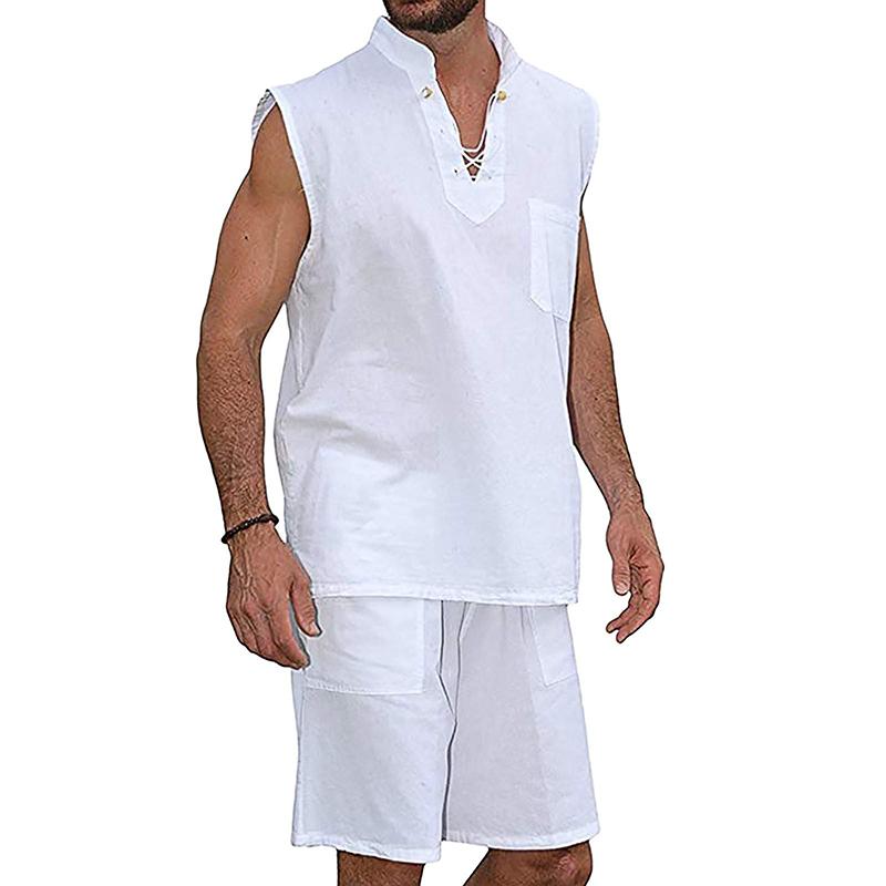 Men's Drawstring Collar Sleeveless Linen Shirt Shorts Set 29053799Z