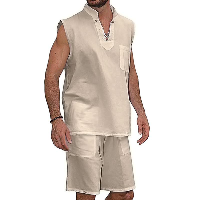 Men's Drawstring Collar Sleeveless Linen Shirt Shorts Set 29053799Z