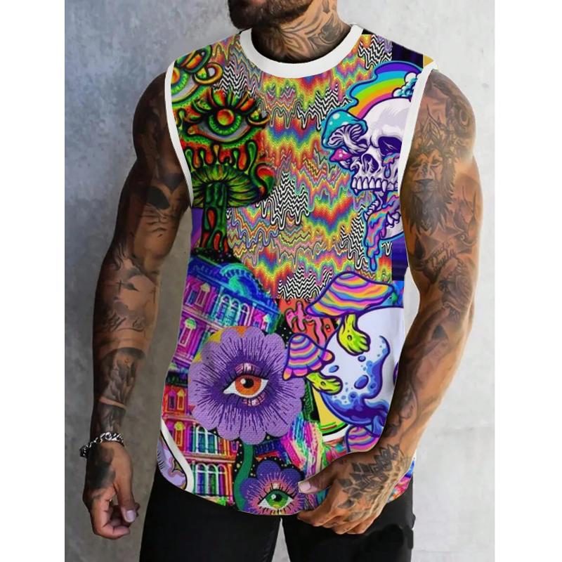 Men's Multicolor Mushroom Skeleton Eye Printed Casual Tank 88675018L