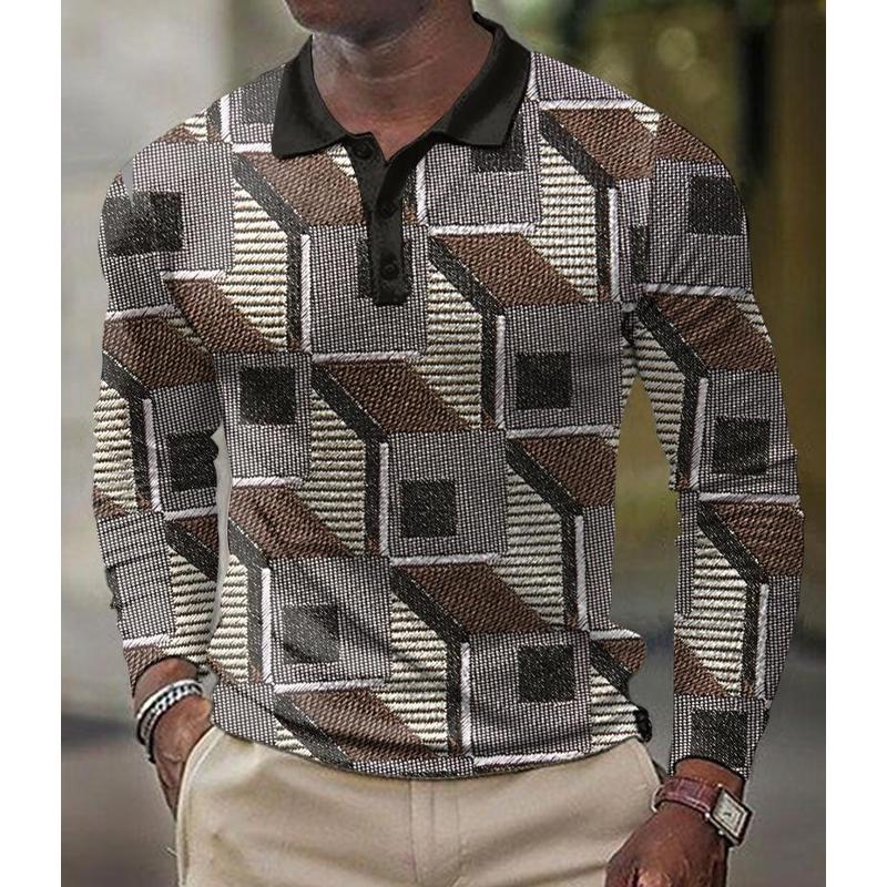 Men's Printed Lapel Button-Down Polo Long Sleeve T-Shirt 08078270L