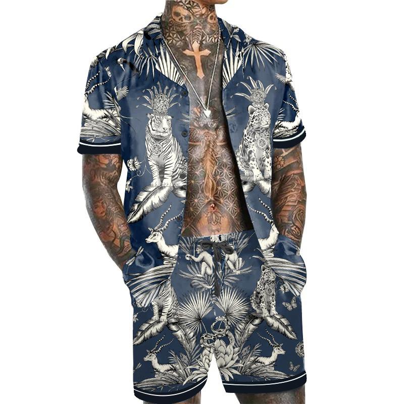 Men's Casual Printed Set Short Sleeve Shirt Set 77945464L