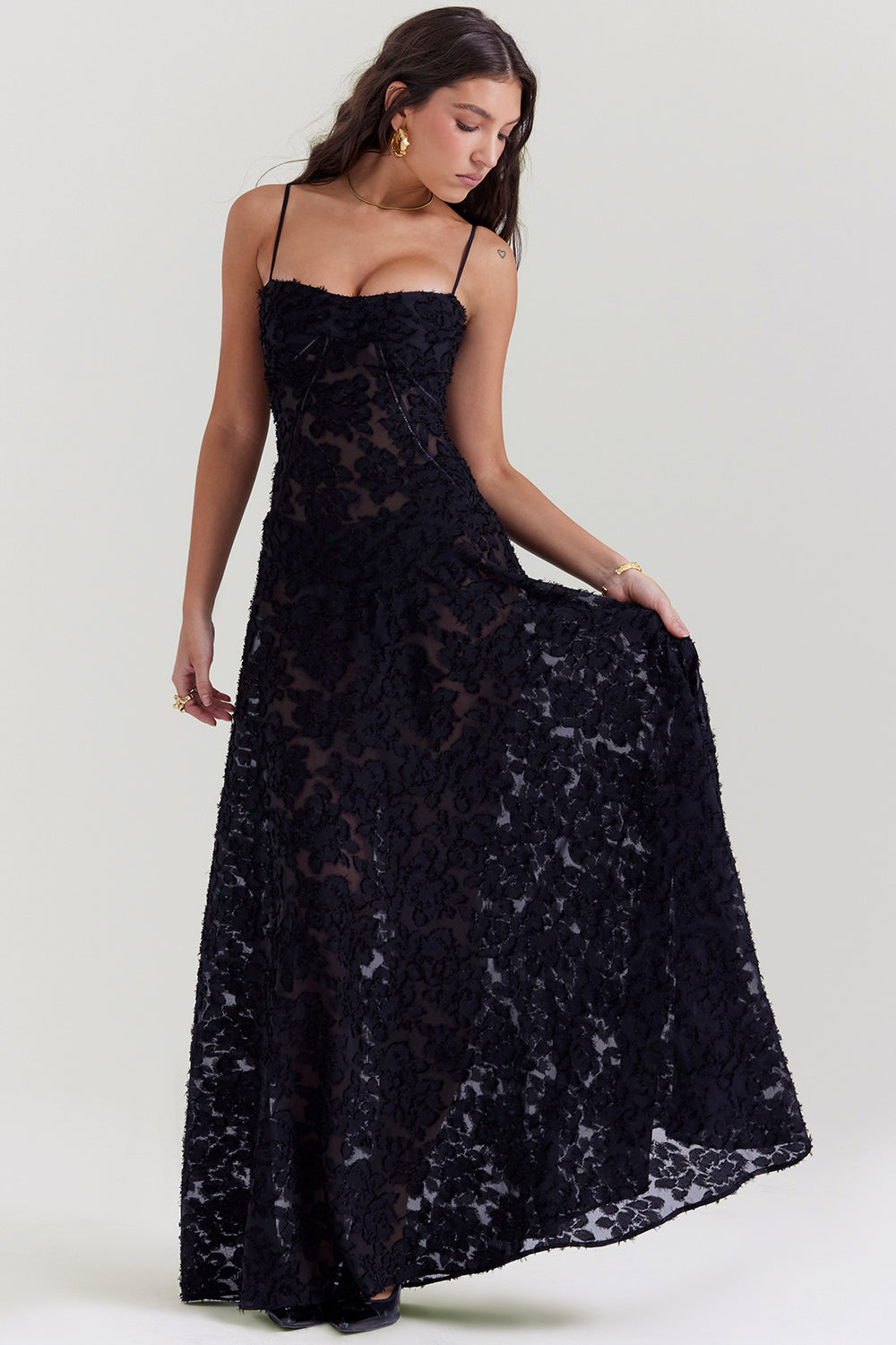 Eleanor - Retro Cream Maxi Dress With Lace Back Panel
