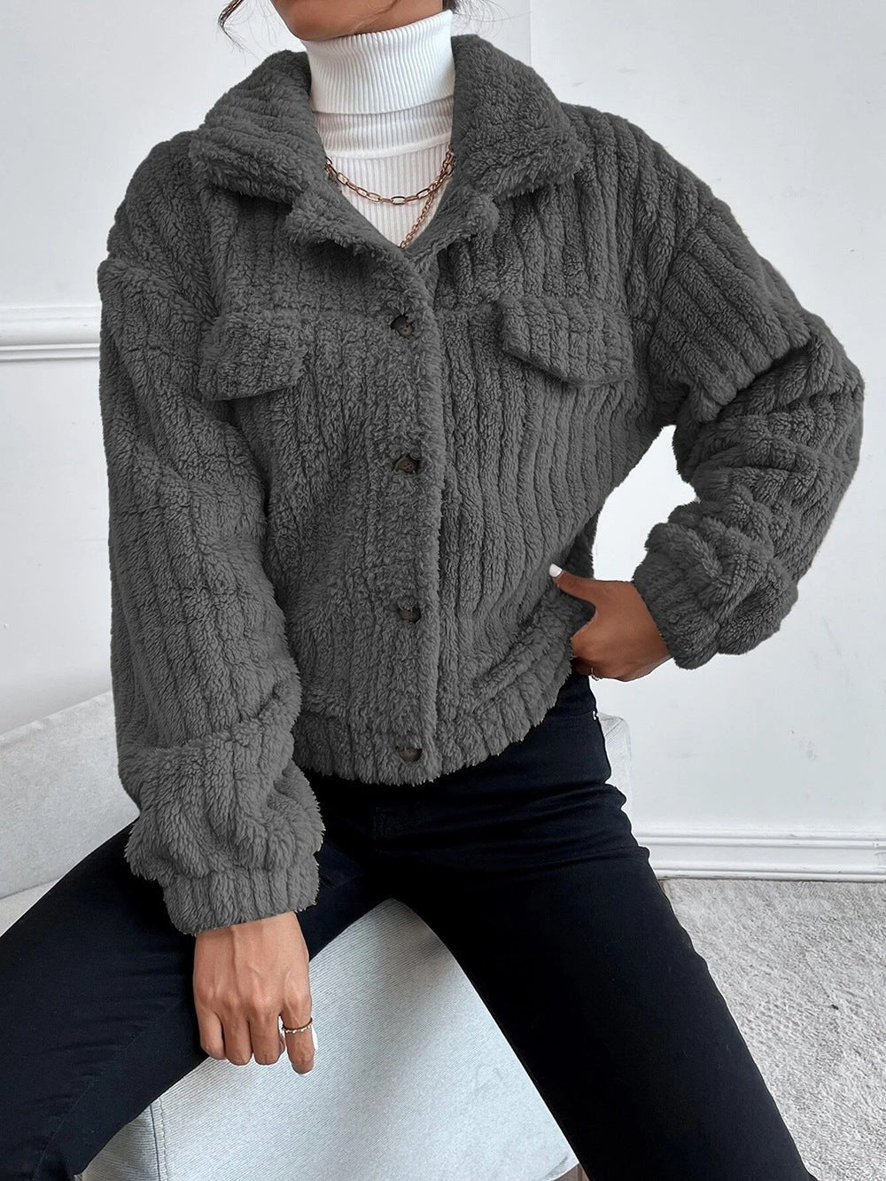 Textured button-up jacket for women