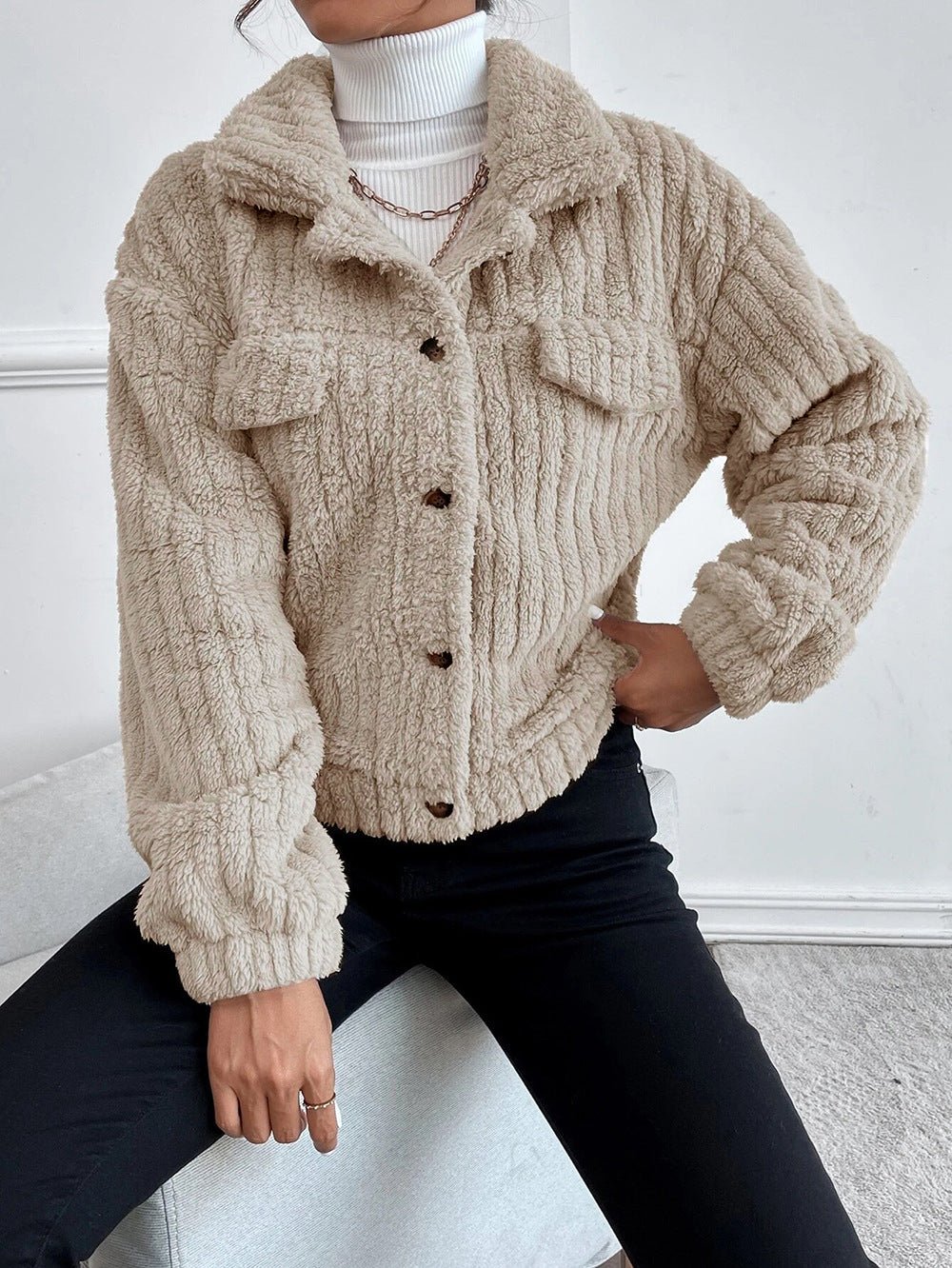 Textured button-up jacket for women