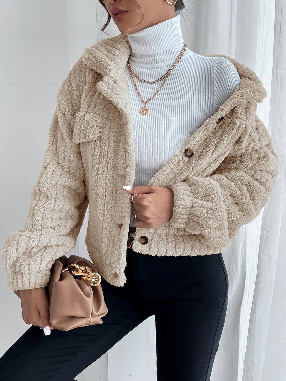 Textured button-up jacket for women