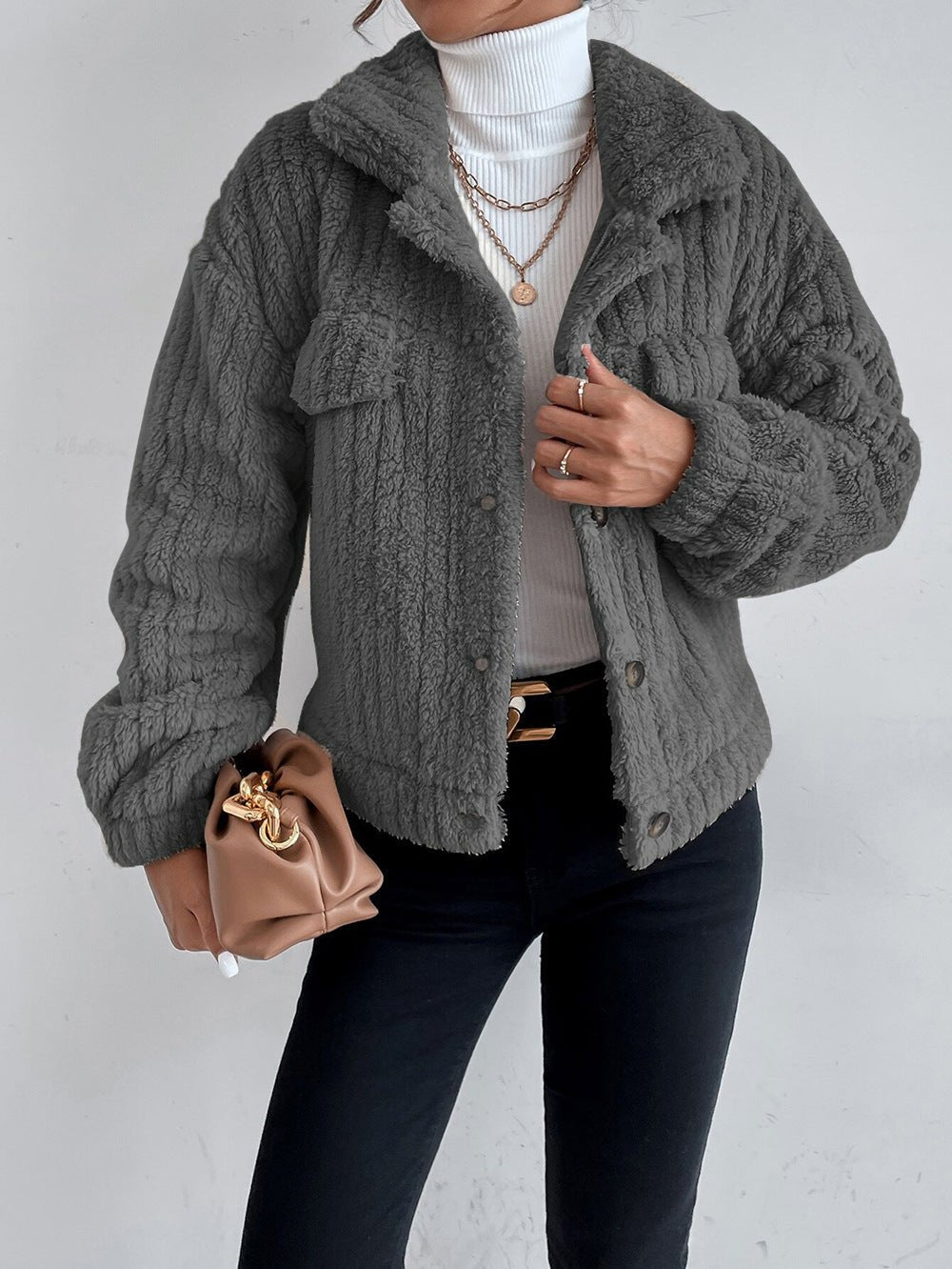 Textured button-up jacket for women