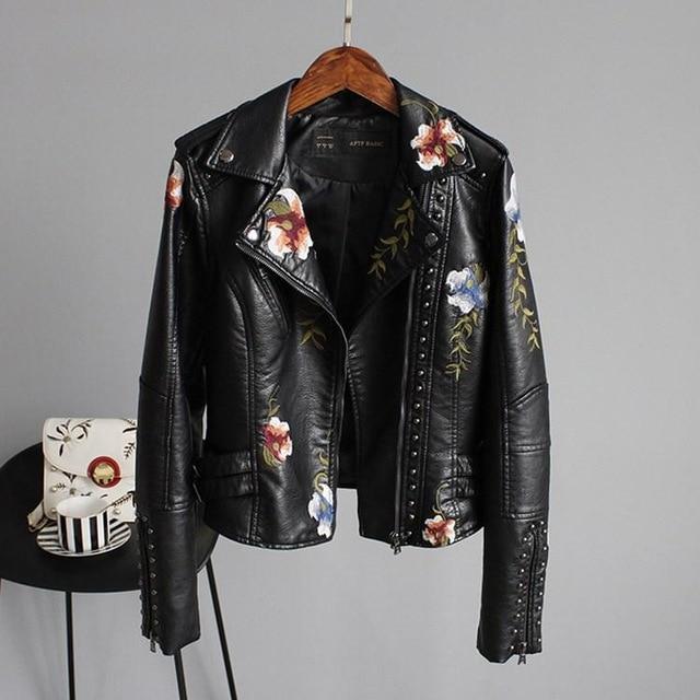 Womens Black Vegan Leather Floral Embroidered Jacket