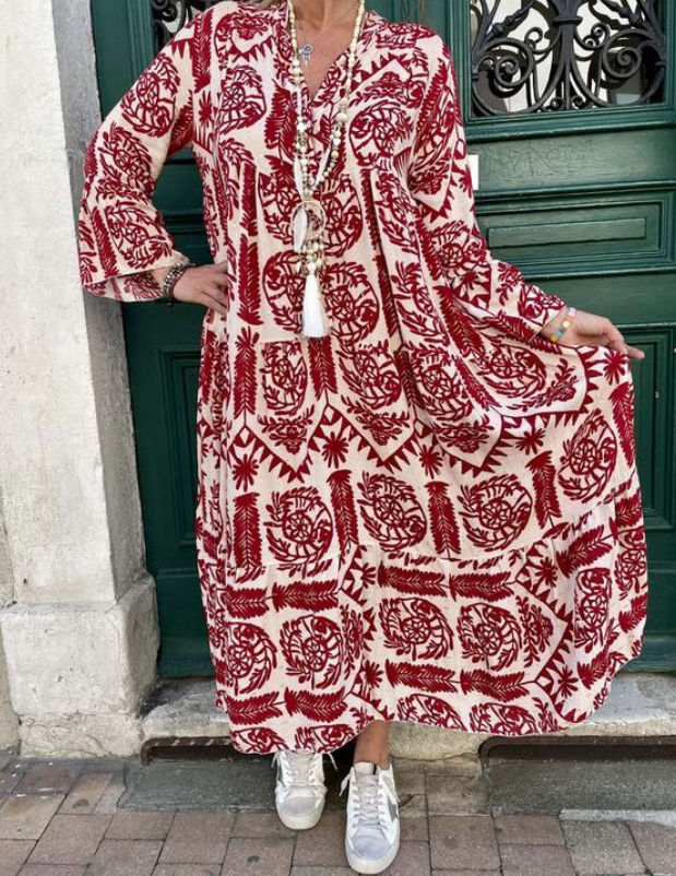 Valencia - Maxi dress with paisley print and long sleeves with button placket