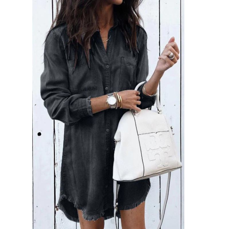 Women's Denim Shirt Dress - Button Down - Relaxed Fit - Long Sleeve - Raw Hem