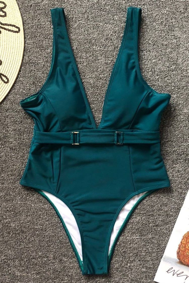 Vintage Solid Belted Deep V Neck One Piece Swimsuit