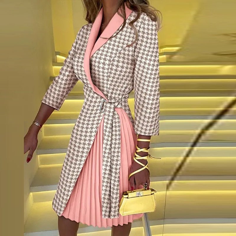 Women's Blazer Dress - Houndstooth Pattern - Notched Collar - Belted Waist - Pleated Skirt